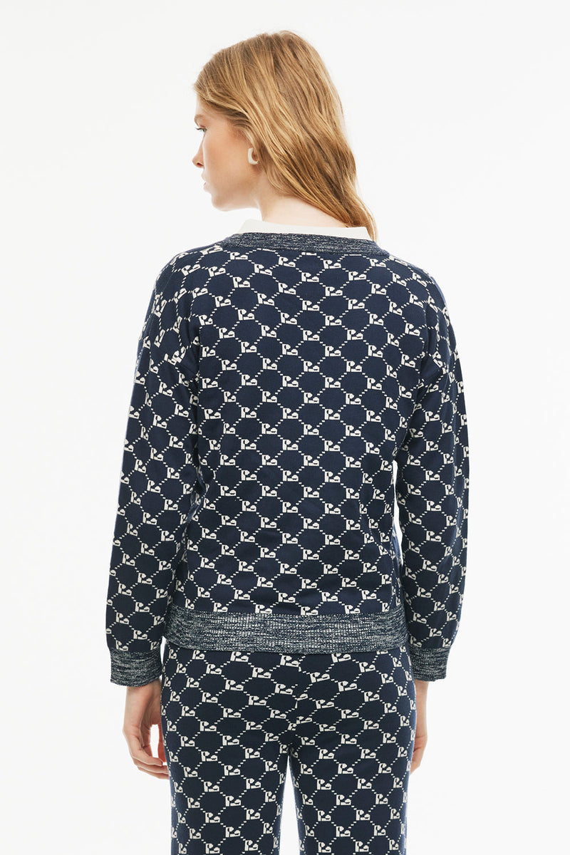 Perspective V-Neck Midi Logo Patterned Knit Cardigan Indigo/White