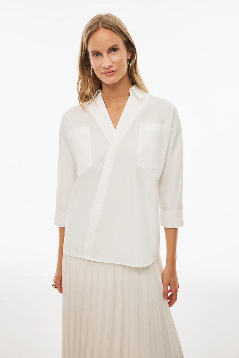 Perspective Asymmetric Three-Quarter Sleeve Cotton Shirt Ecru