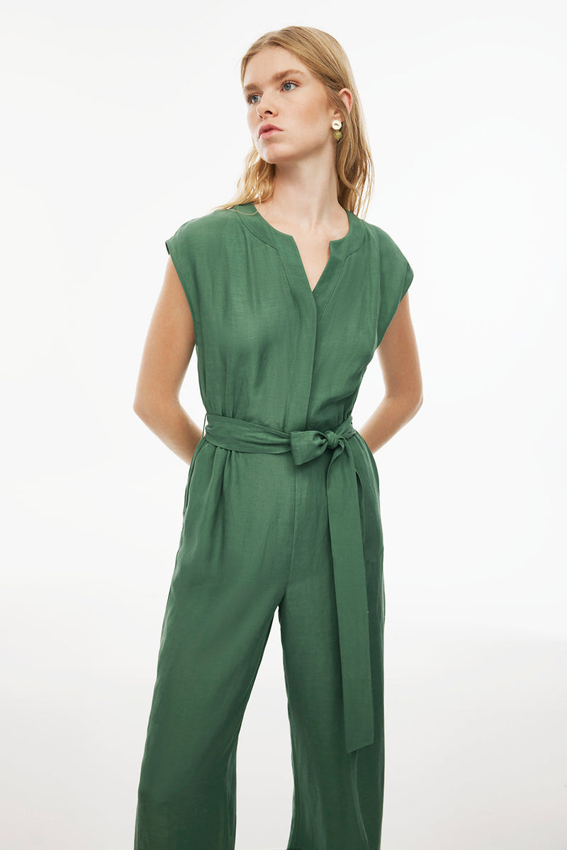 Perspective Round Neck Drop Shoulder Wide Leg Jumpsuit Dark Green