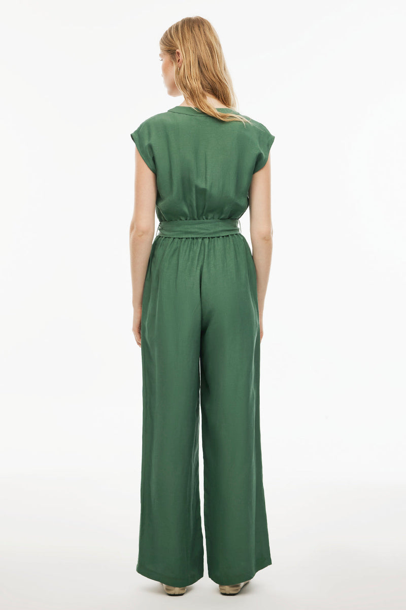 Perspective Round Neck Drop Shoulder Wide Leg Jumpsuit Dark Green