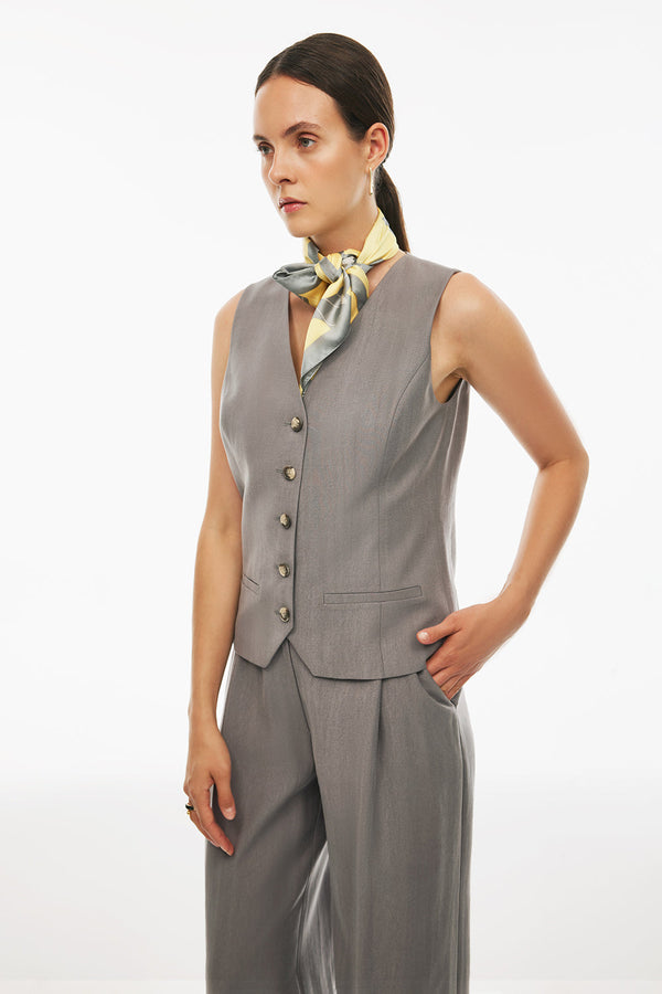 Perspective V-Neck Short Tencel Slim Waistcoat Grey