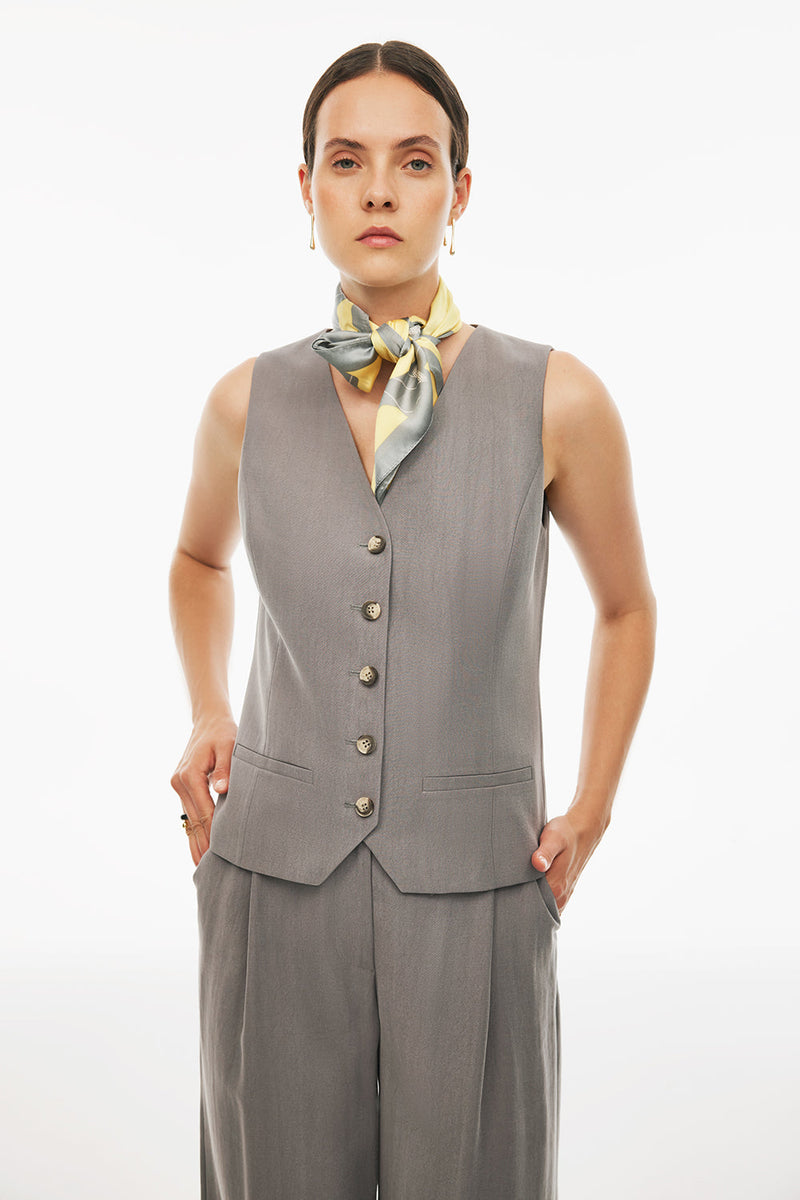 Perspective V-Neck Short Tencel Slim Waistcoat Grey