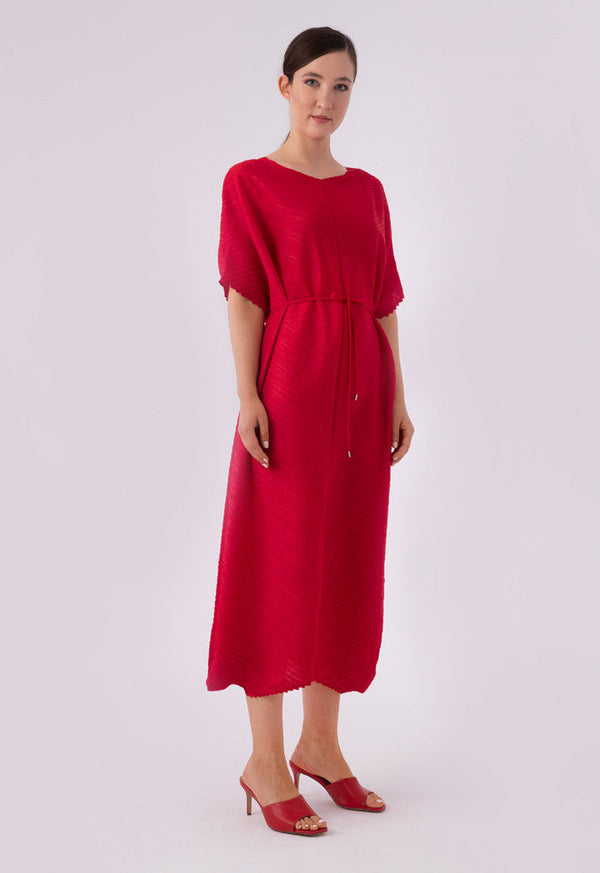 Choice Textured Pleated Wide Tie Belt Dress Red