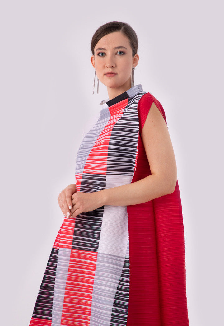 Choice Electric Pleated Color Block Stand Collar Sleeveless Dress Multi Color