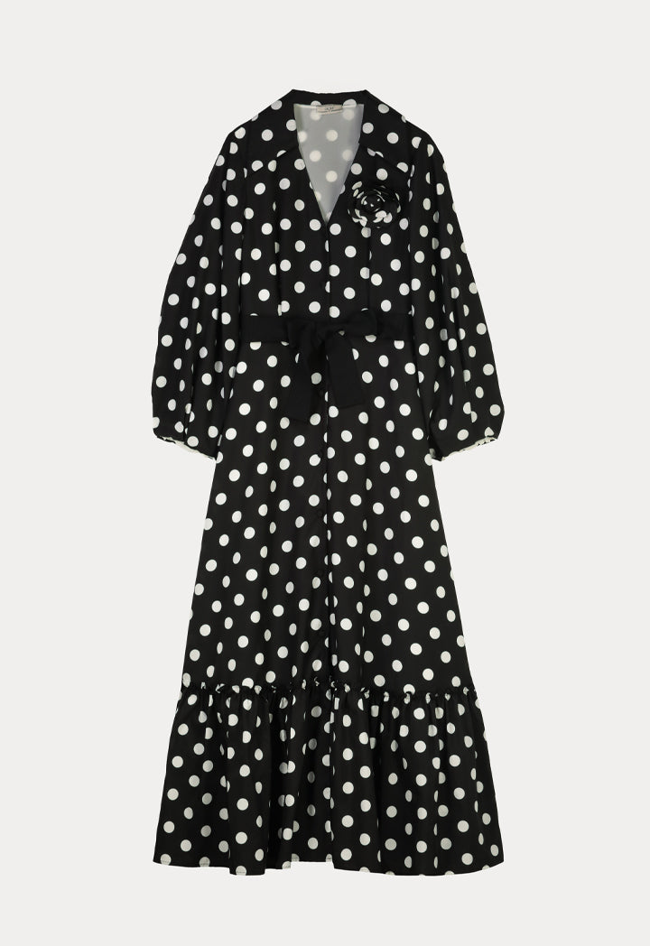 Choice V-Neck Polka Printed Flared Dress Black