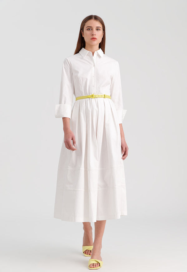 Choice Solid Dress With Pleated Waist Off White