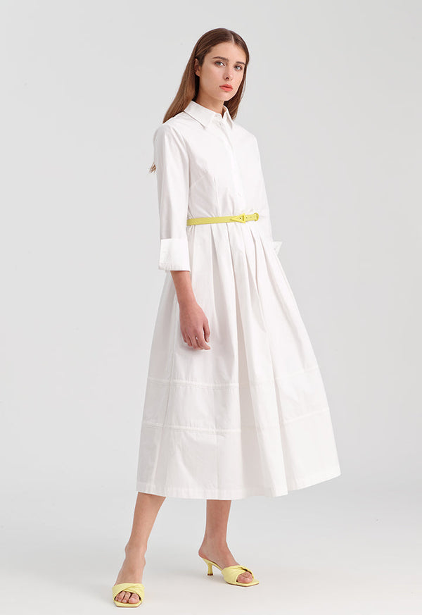 Choice Solid Dress With Pleated Waist Off White