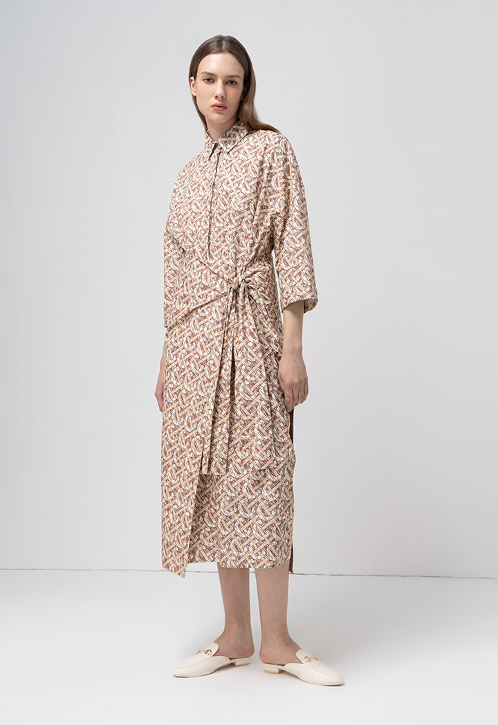 Choice Printed Monogram Long Sleeves Shirt Dress Brown