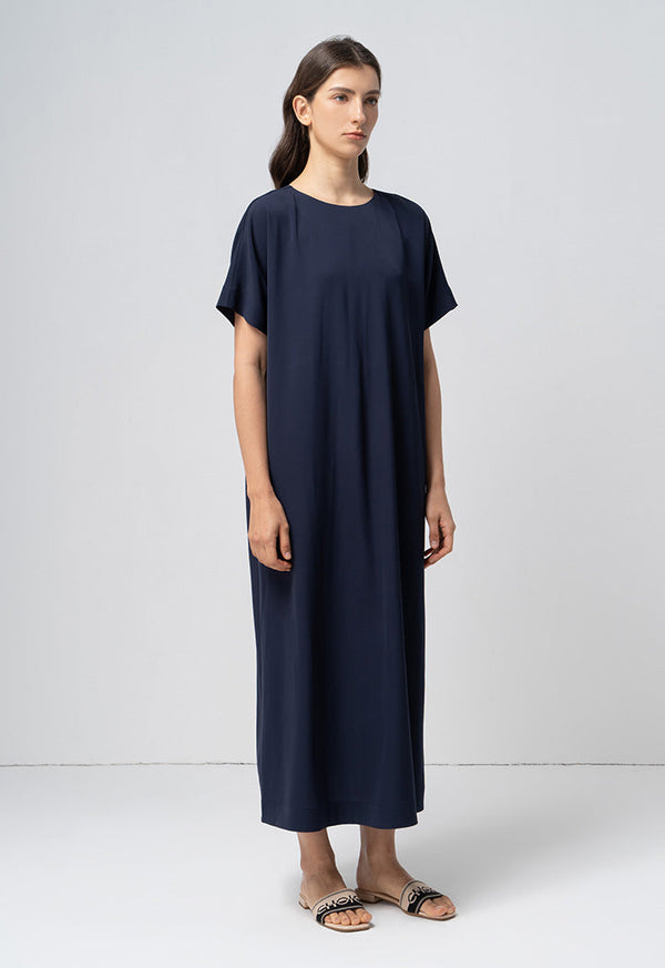 Choice Solid Continuous Short Sleeves Maxi Dress Navy