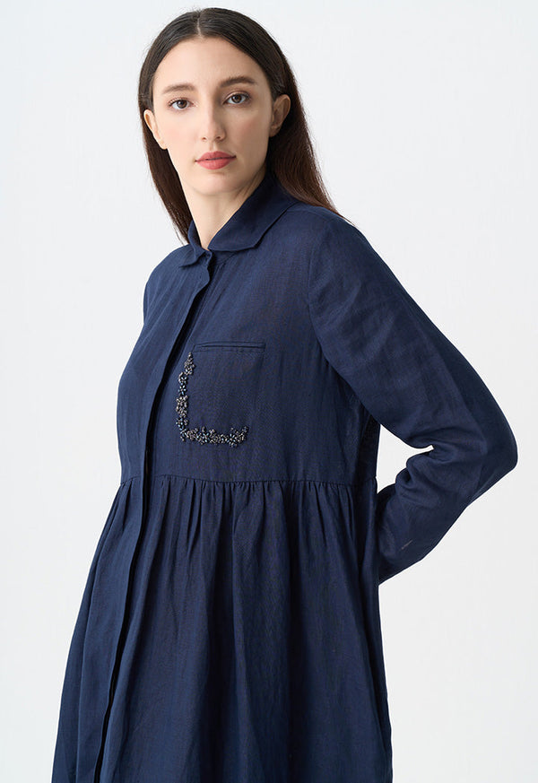 Choice Embellished Rhinestones Maxi Shirt Dress Navy