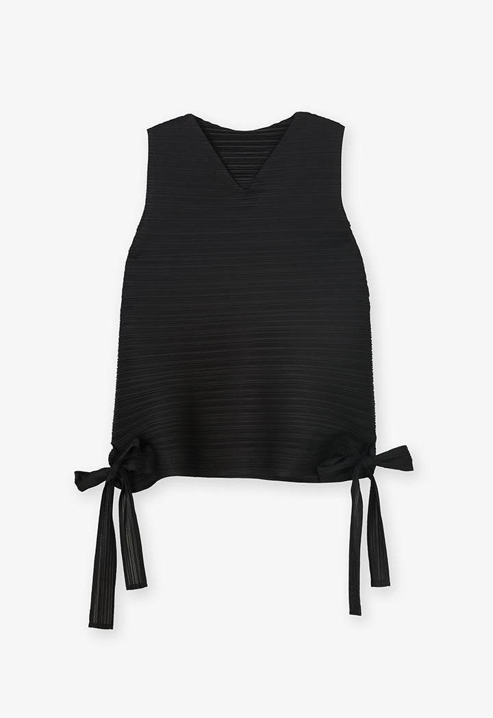 Choice Allover Pleated Top With Tie Detail Black