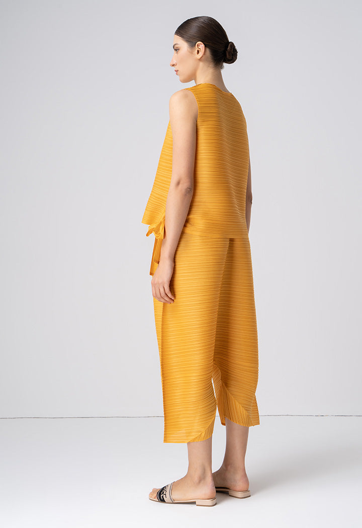 Choice Allover Pleated Top With Tie Detail Mustard