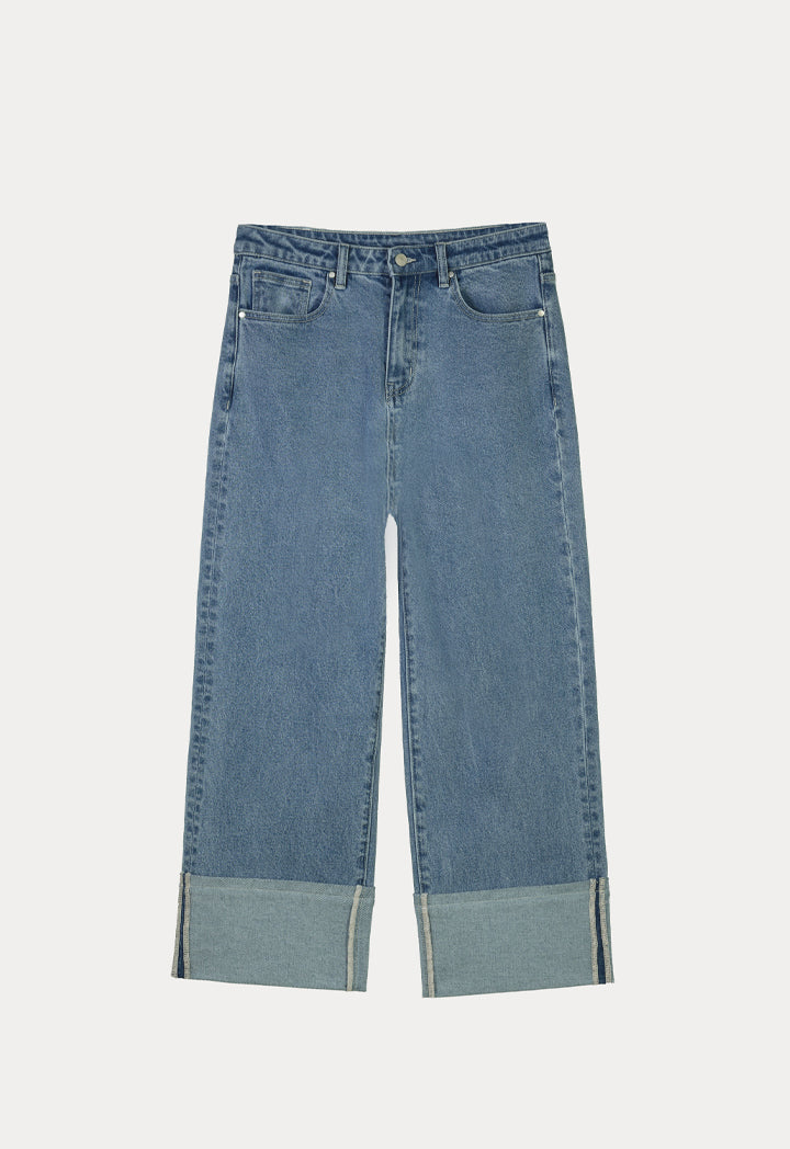 Choice Folded Hem Solid Denim Jeans Light Blue