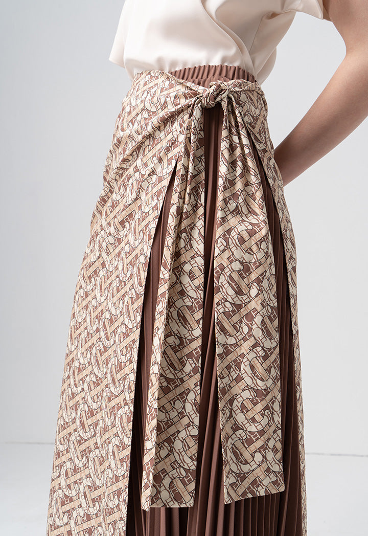 Choice Printed Monogram Wrap Flared Maxi Skirt Brown