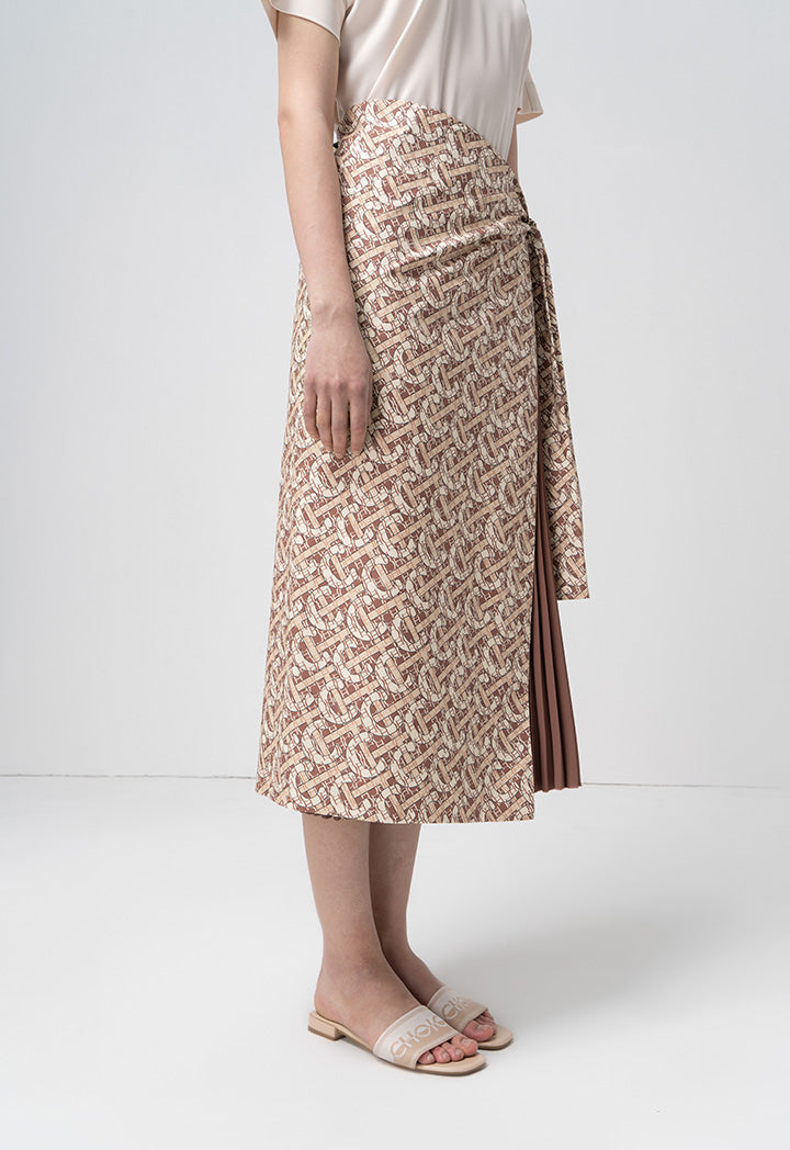 Choice Printed Monogram Wrap Flared Maxi Skirt Brown