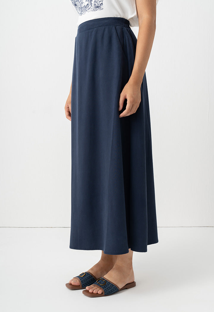 Choice Solid Pleated Flared Skirt Navy