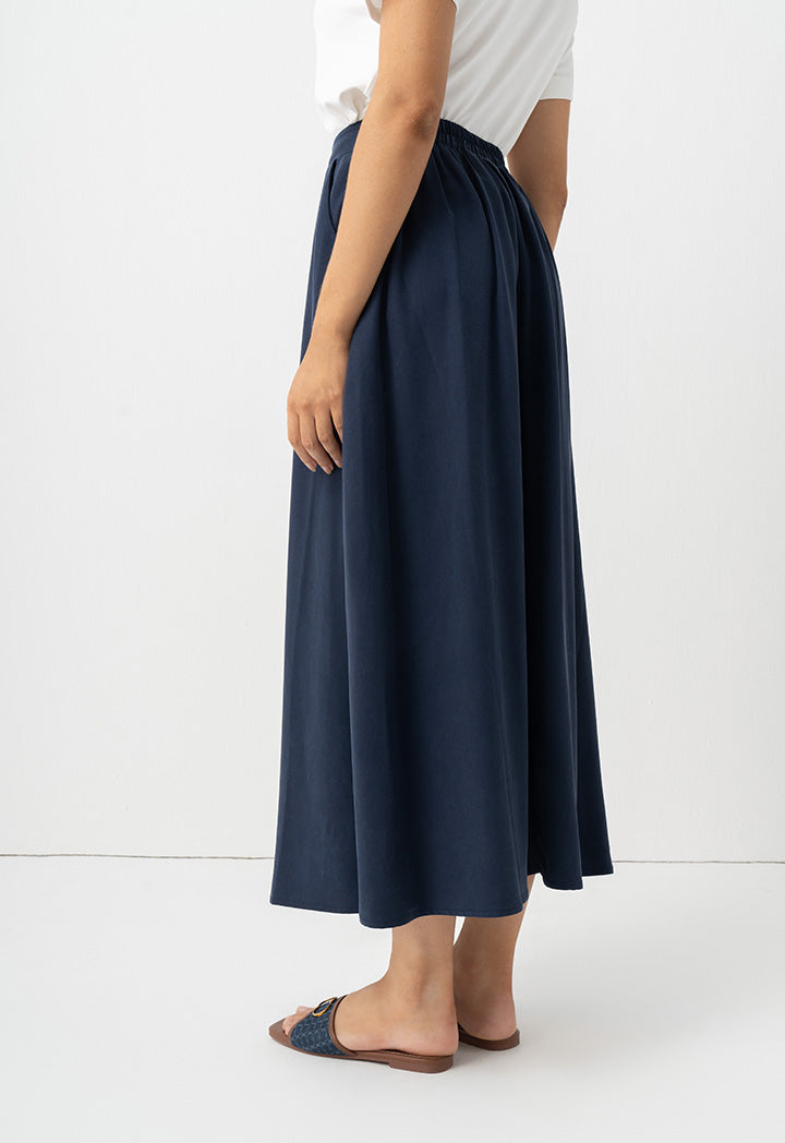 Choice Solid Pleated Flared Skirt Navy