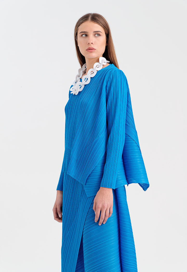 Choice Round Neck Electric Pleated Blouse Blue+Blue