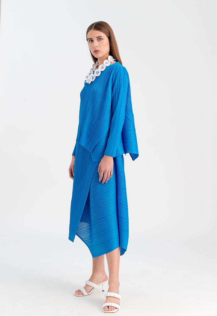 Choice Round Neck Electric Pleated Blouse Blue+Blue