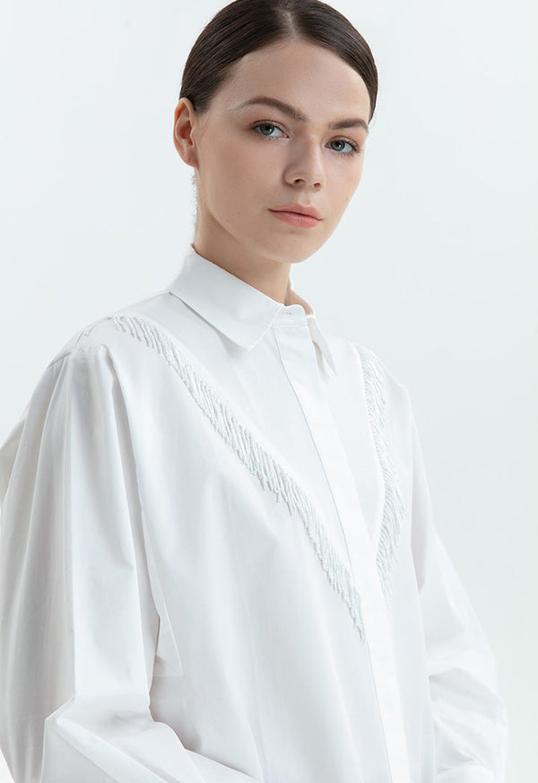 Choice V Front Fringes Solid Shirt Off White