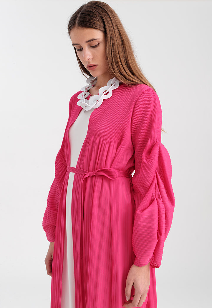 Choice All Over Pleated Solid Long Kimono Fushia