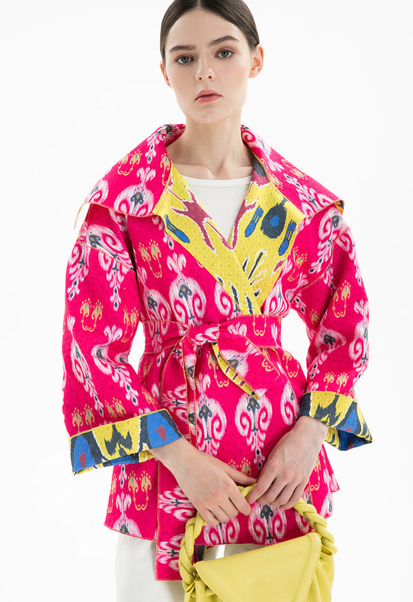 Choice Multicolored Printed Oversized Collar Wrap Jacket Print