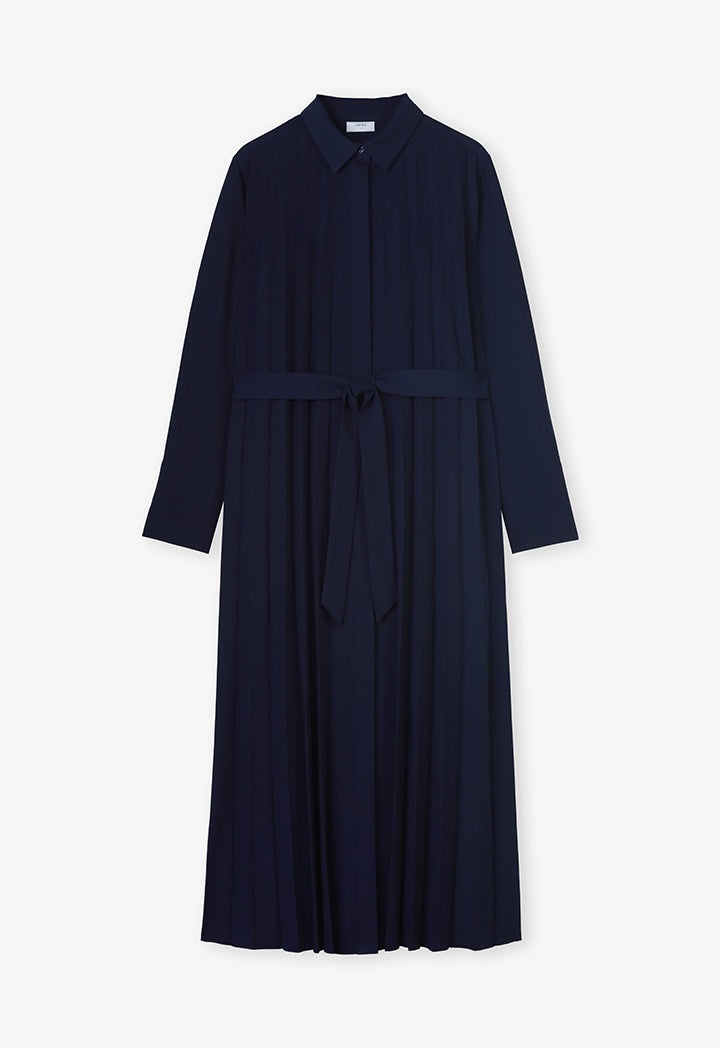 Choice Single Tone Pleated Maxi Shirt Dress Indigo