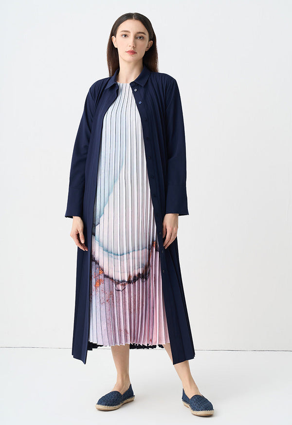 Choice Single Tone Pleated Maxi Shirt Dress Indigo