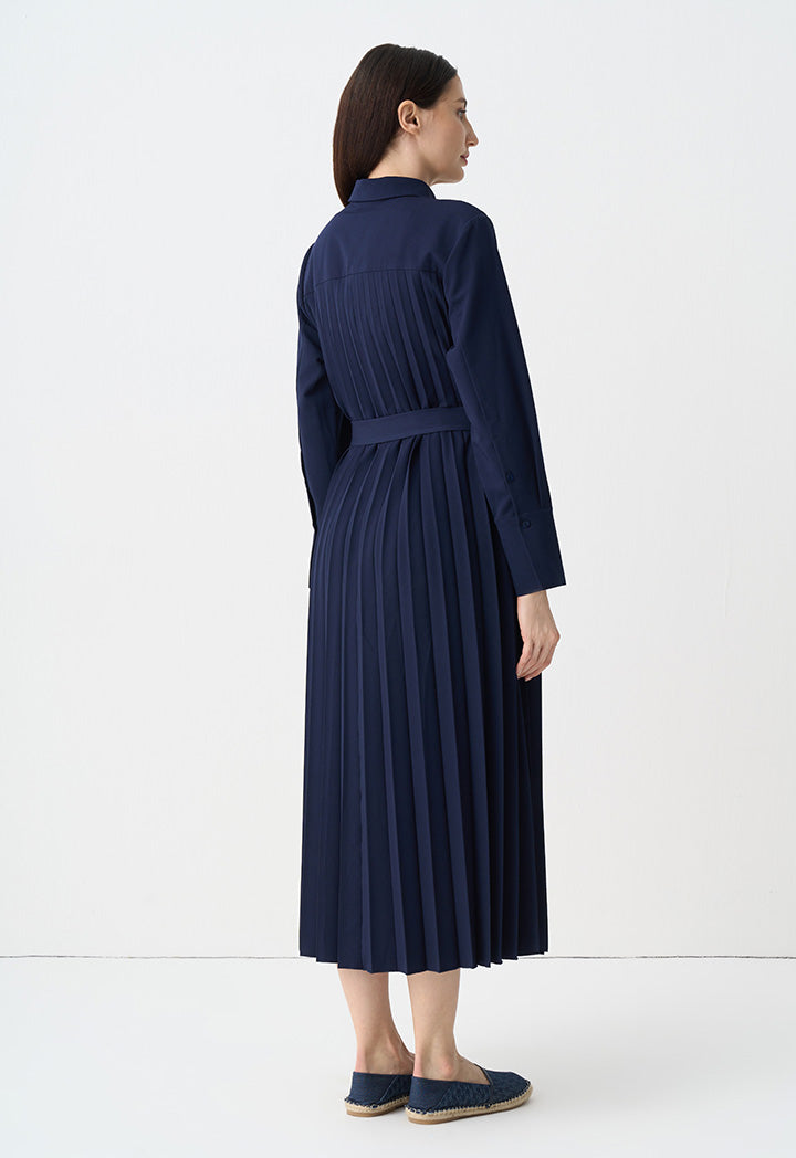 Choice Single Tone Pleated Maxi Shirt Dress Indigo