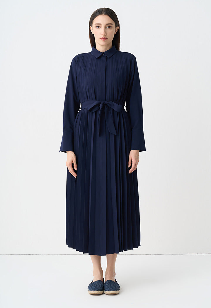 Choice Single Tone Pleated Maxi Shirt Dress Indigo