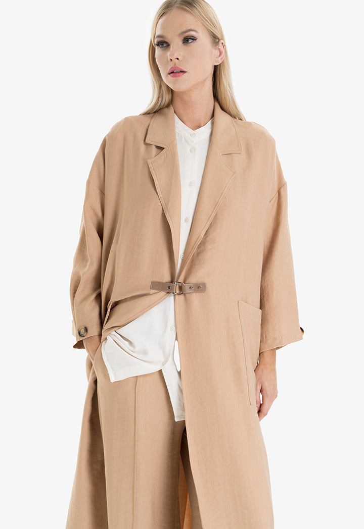 Choice Notch Lapel Maxi Outer Jacket Beige