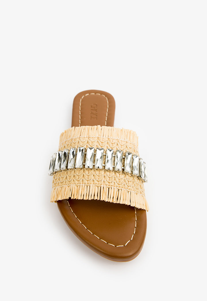 Choice Embellished Straw Flat Sandals Beige