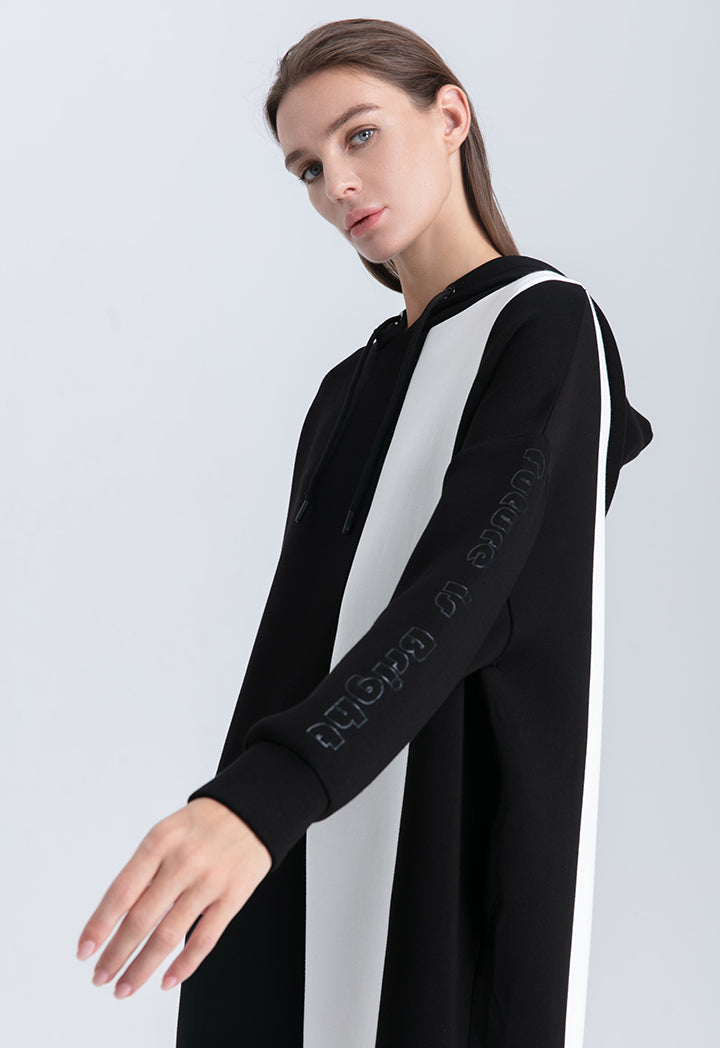 Choice Stretch Knit Neoprene Drawstring Hoodie Dress Offwhite/Black