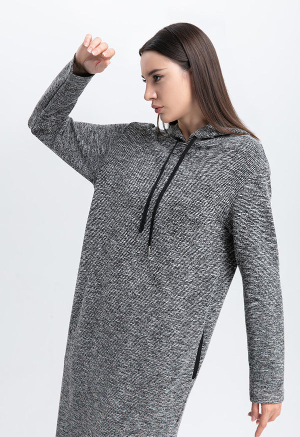 Choice Melange Stretch Ribbed Knit Hoodie Dress Black