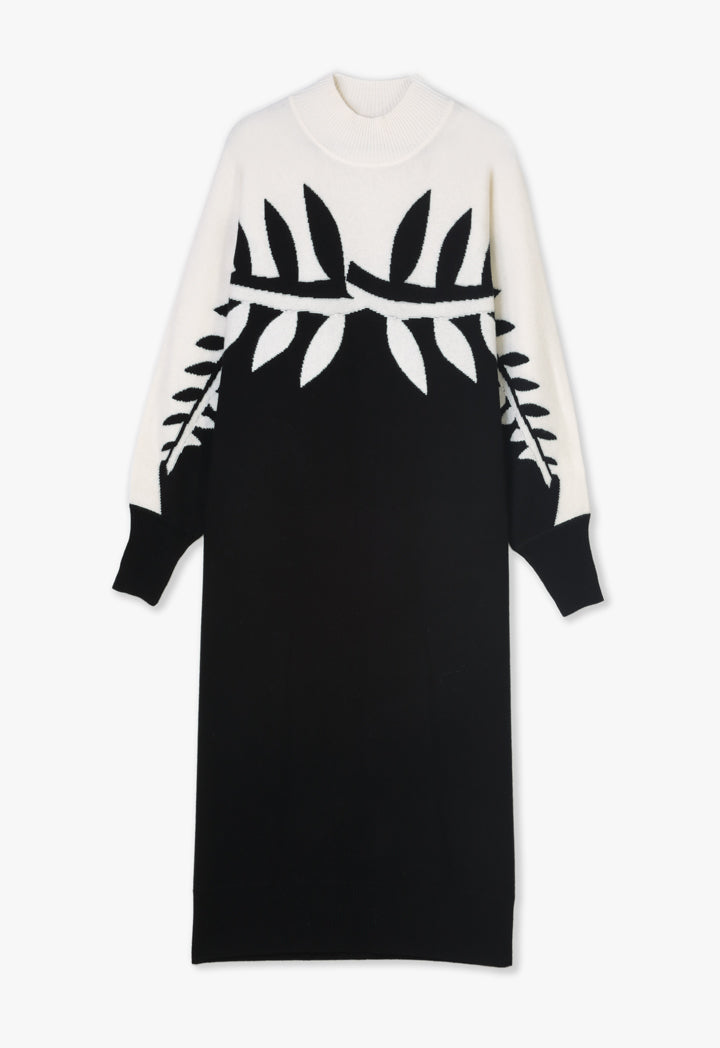 Choice Leaf Pattern Midi Dress Black