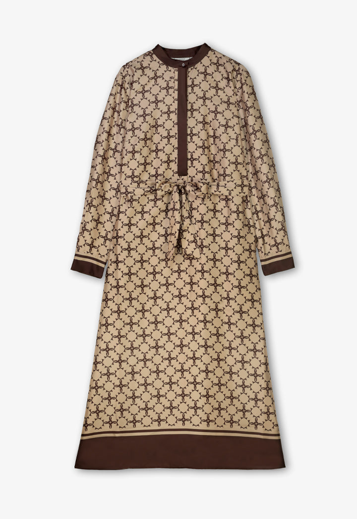 Choice Monogram Printed Belted Maxi Dress Brown-Beige