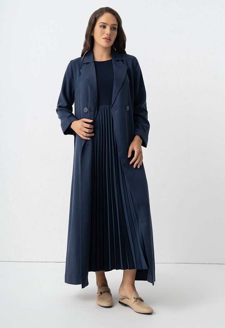 Choice Pleated Solid Long Sleeve Dress Navy