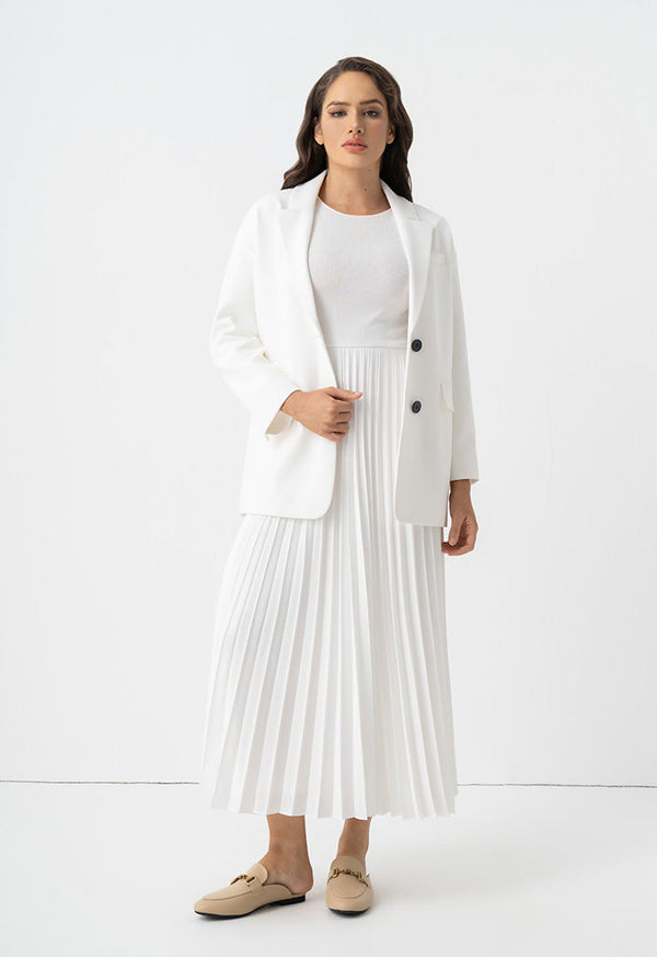 Choice Pleated Solid Long Sleeve Dress Off White