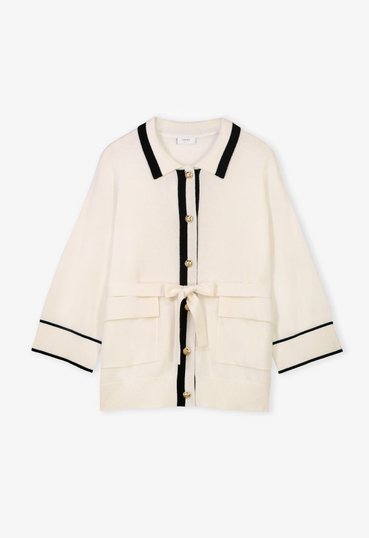 Choice Contrast Knitted Belted Cardigan Cream