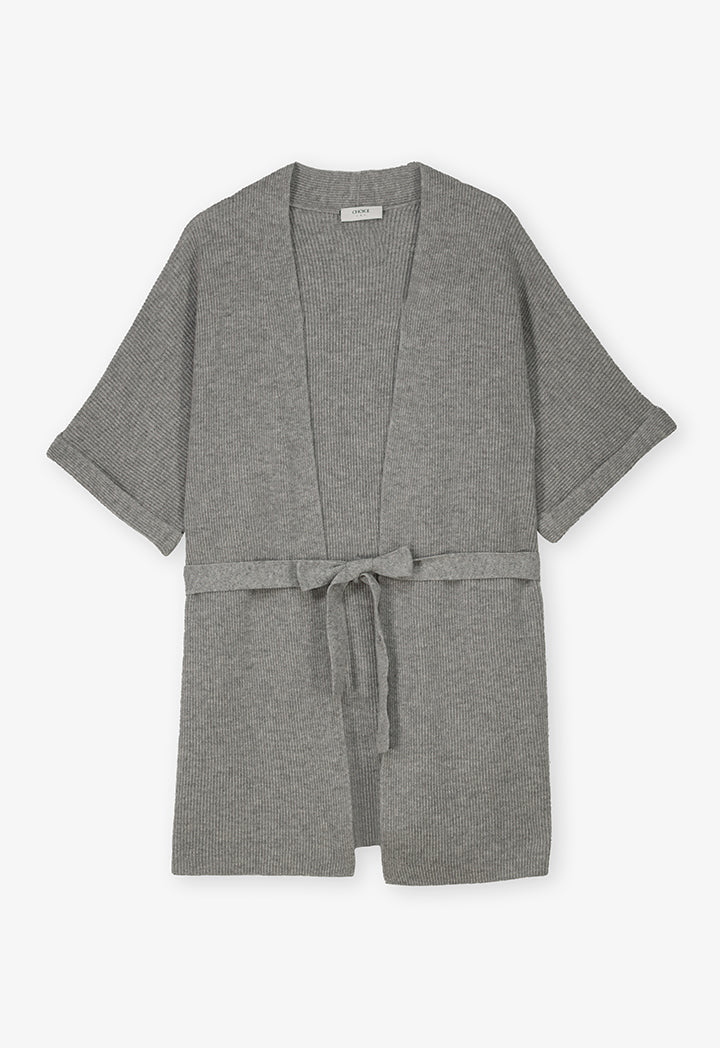 Choice Solid Short Sleeve Knitted Belted Cardigan Grey