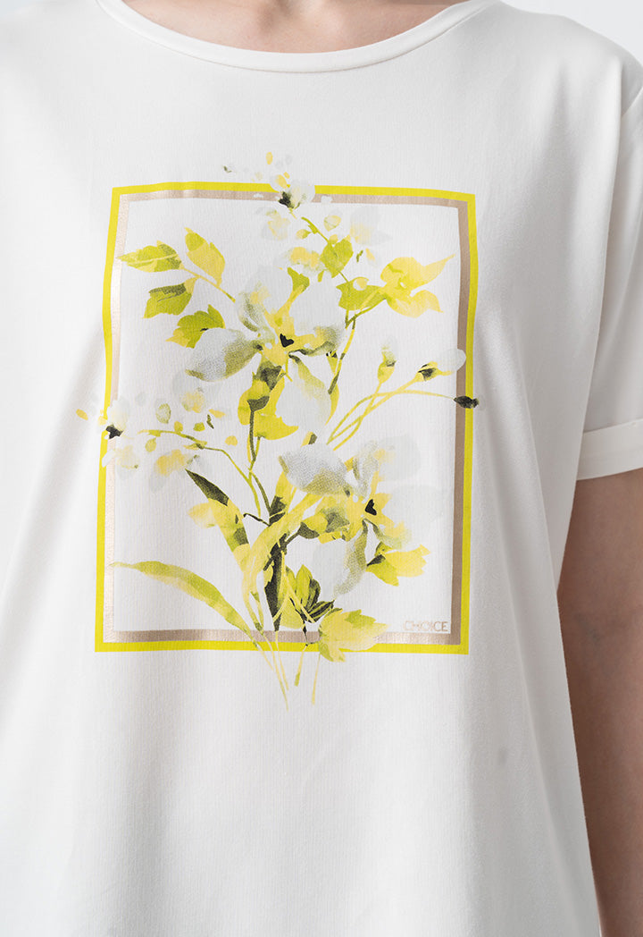 Choice Floral Printed Motif T-Shirt Off White