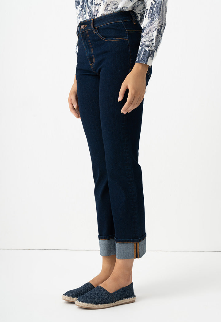 Choice Solid Wide Legs Denim Trousers Navy