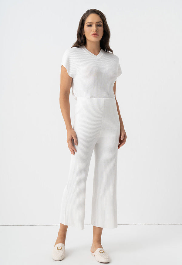 Choice Knitted Solid Straight Leg Trousers Off White