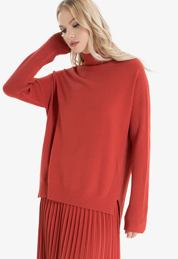 Choice High Neck Ribbed Knitted Top Red