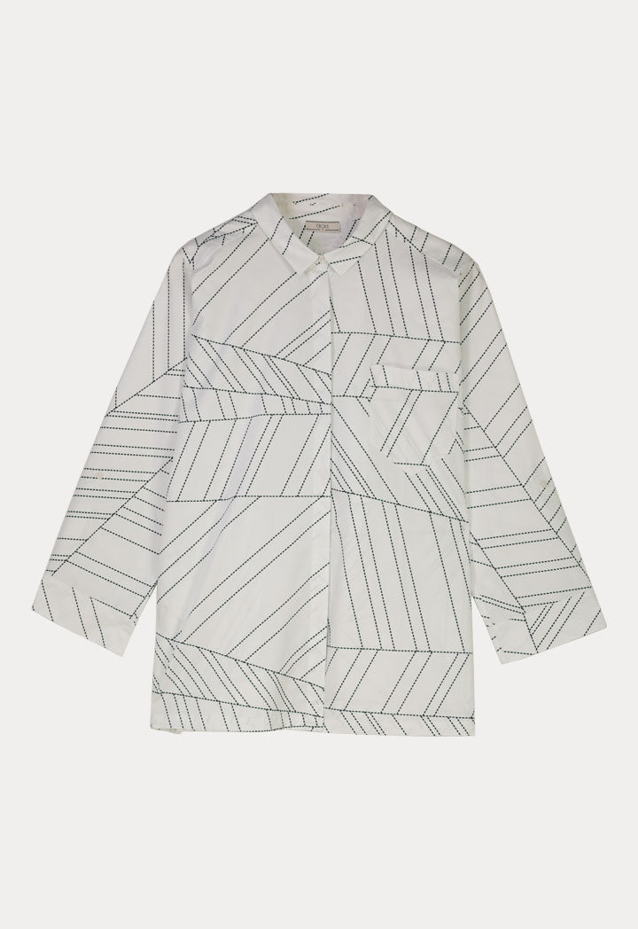 Choice Abstract Lines Print Tab Sleeve Shirt Off White