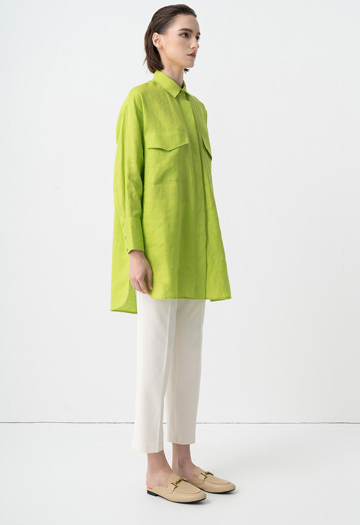 Choice Solid Front Flap Pockets Oversize Shirt Green