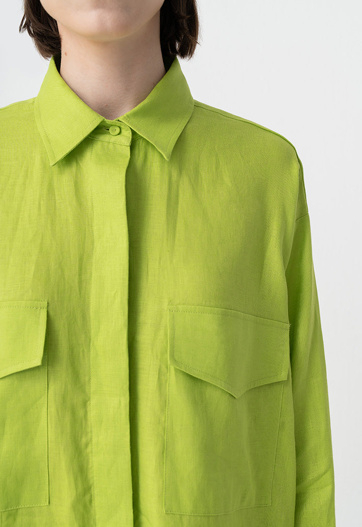 Choice Solid Front Flap Pockets Oversize Shirt Green