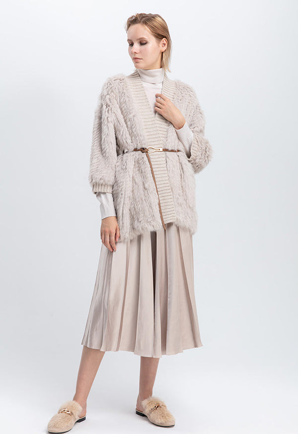 Choice Contrast Color Exposed Waist Elastic Pleated Skirt Latte