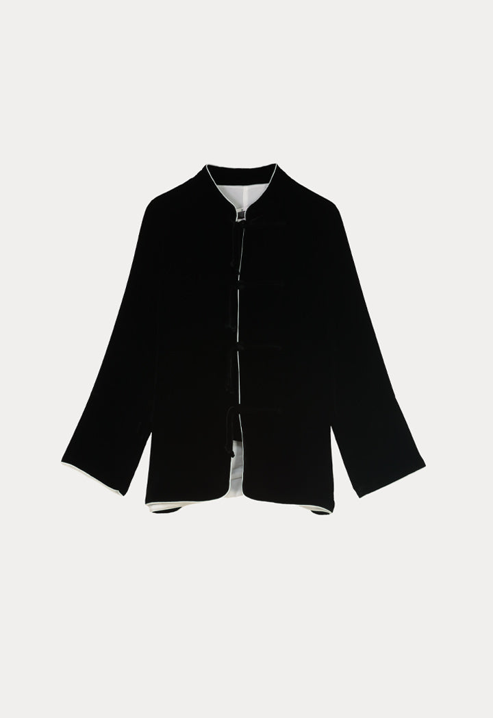 Choice Mandarin Collar Contrast Color Piping Velour Jacket Black