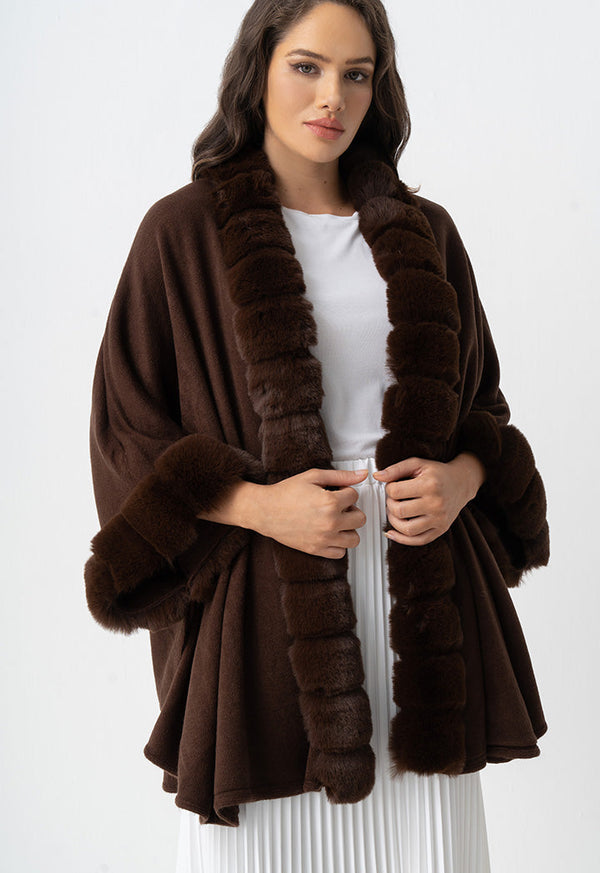 Choice Knitted Faux Fur Embellished Poncho Brown